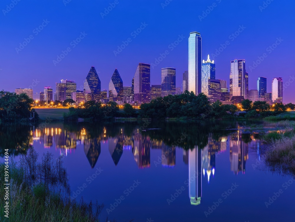 Naklejka premium City skyline at twilight with panoramic view and space for text