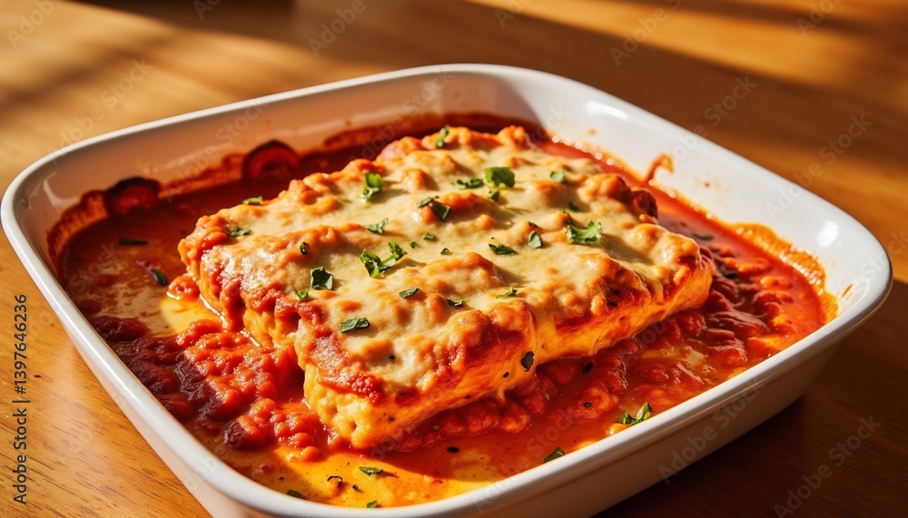 Baked Lasagna With Melted Cheese And Fresh Parsley Topping Close Up View Baked Lasagna With Melted Cheese And Fresh Parsley Topping Close Up View
