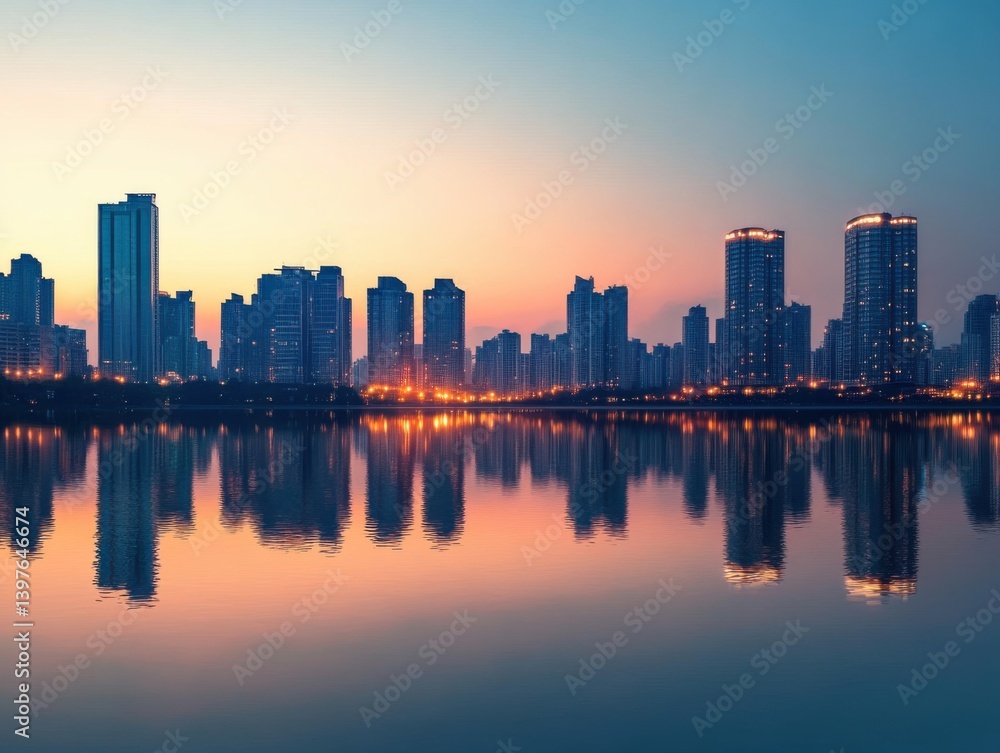 City skyline reflected in water during golden hour with copy space above