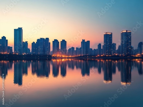 Obraz na płótnie City skyline reflected in water during golden hour with copy space above w salonie