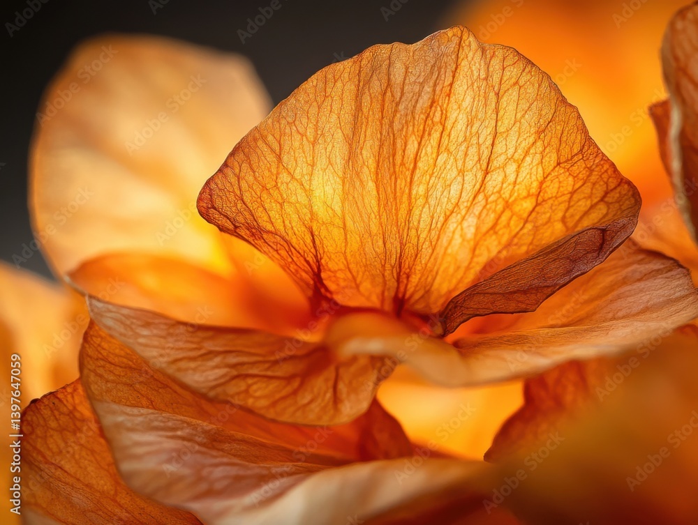 Close-up of dried flower petals with side lighting