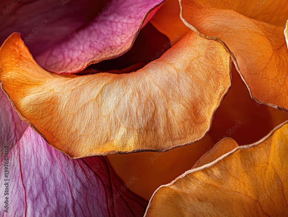 Close-up of dried flower petals with side lighting