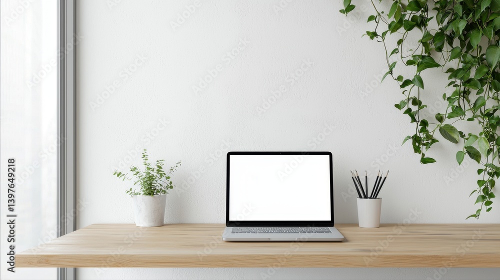Minimalist desk setup with laptop, plants, and pencils on a wooden table against a white wall. Minimalist desk setup with laptop, plants, and pencils on a wooden table against a white wall.