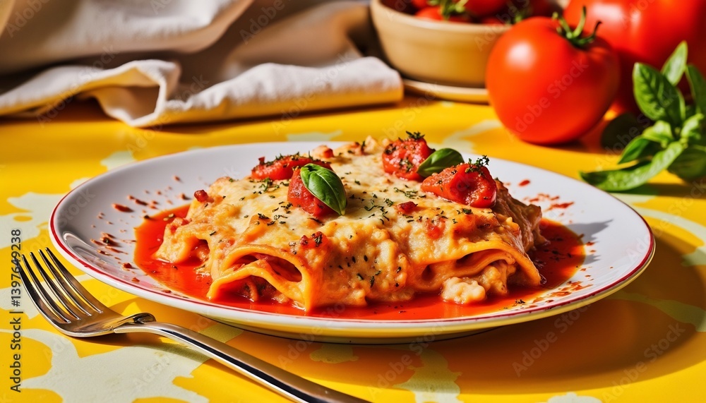 Delicious Cannelloni With Tomato Sauce And Basil Served On Bright Yellow Table Delicious Cannelloni With Tomato Sauce And Basil Served On Bright Yellow Table