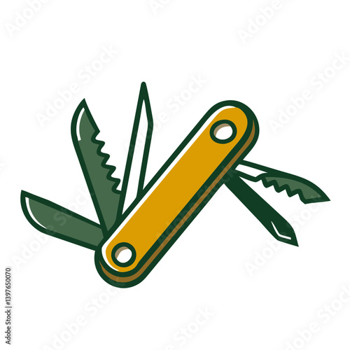 Camping gear vector icon of multi-tool knife with various blades for outdoor utility and adventure.
