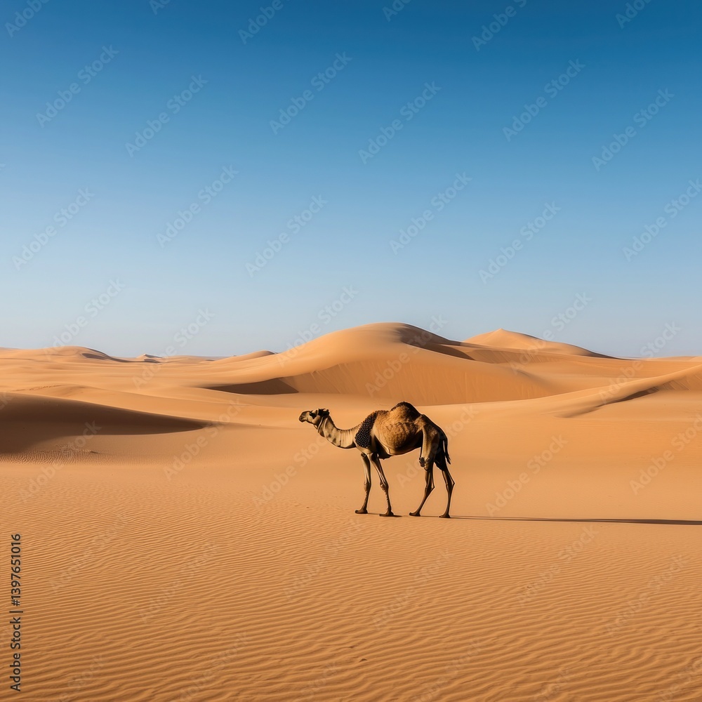 Fototapeta premium Majestic camel walking through vast desert dunes nature landscape serene environment captured from ground level