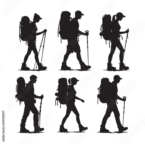 Male and female hiker set silhouette vector on White Background.