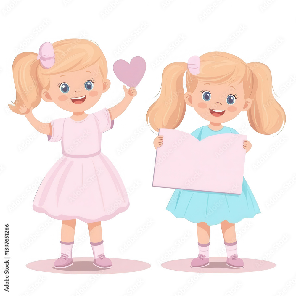 Two cheerful girls in colorful dresses holding a heart and a blank sign, expressing joy and creativity. Two cheerful girls in colorful dresses holding a heart and a blank sign, expressing joy and creativity.