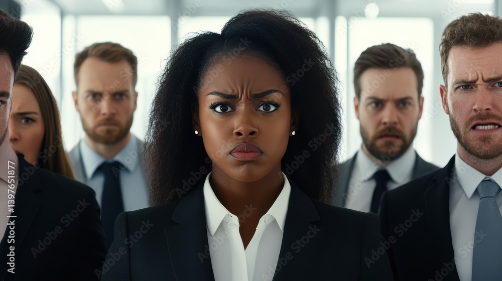 Diverse group of business professionals express determination and strength during a corporate meeting in a modern office space Diverse group of business professionals express determination and strength during a corporate meeting in a modern office space