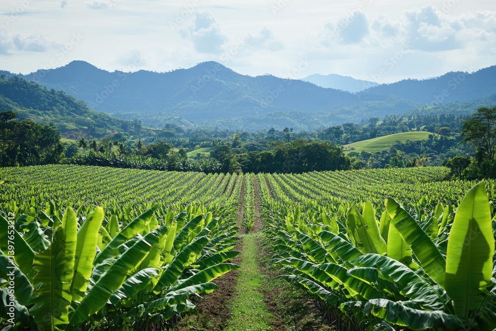A wide shot of an area with banana trees and coffee plants. In the background, there are lush green mountains. A wide shot of an area with banana trees and coffee plants. In the background, there are lush green mountains.