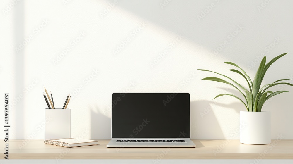Minimalist workspace with a laptop, plant, and pen holder on a wooden desk, emphasizing simplicity and productivity. Minimalist workspace with a laptop, plant, and pen holder on a wooden desk, emphasizing simplicity and productivity.