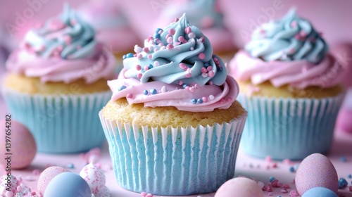 Delightful pastel pink and blue Easter cupcakes decorated with sprinkles and pastel eggs make a perfect sptime dessert for celebrations and gathes.