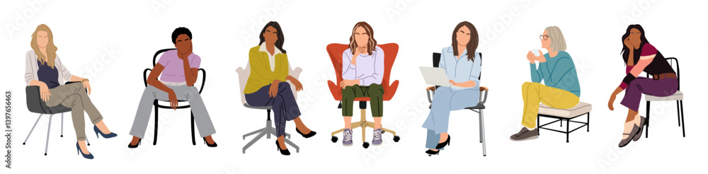 Business women sitting, taking part in meeting, business event. Set of Different female characters in modern smart casual office attire. Collection of vector illustrations isolated on white background Business women sitting, taking part in meeting, business event. Set of Different female characters in modern smart casual office attire. Collection of vector illustrations isolated on white background