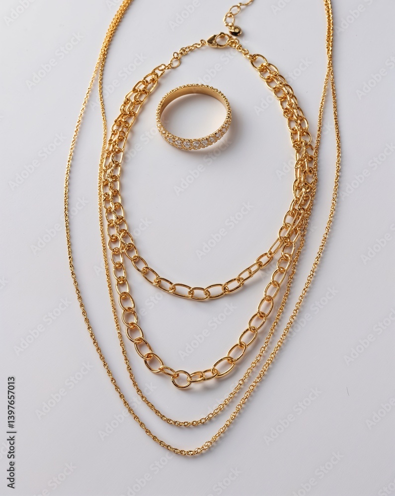 A triple layer gold necklace and stacking ring jewelry set in plain white background A triple layer gold necklace and stacking ring jewelry set in plain white background