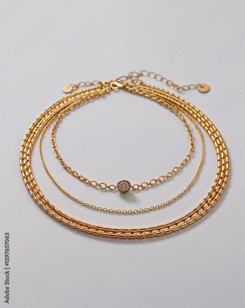 A triple layer gold necklace and stacking ring jewelry set in plain white background A triple layer gold necklace and stacking ring jewelry set in plain white background