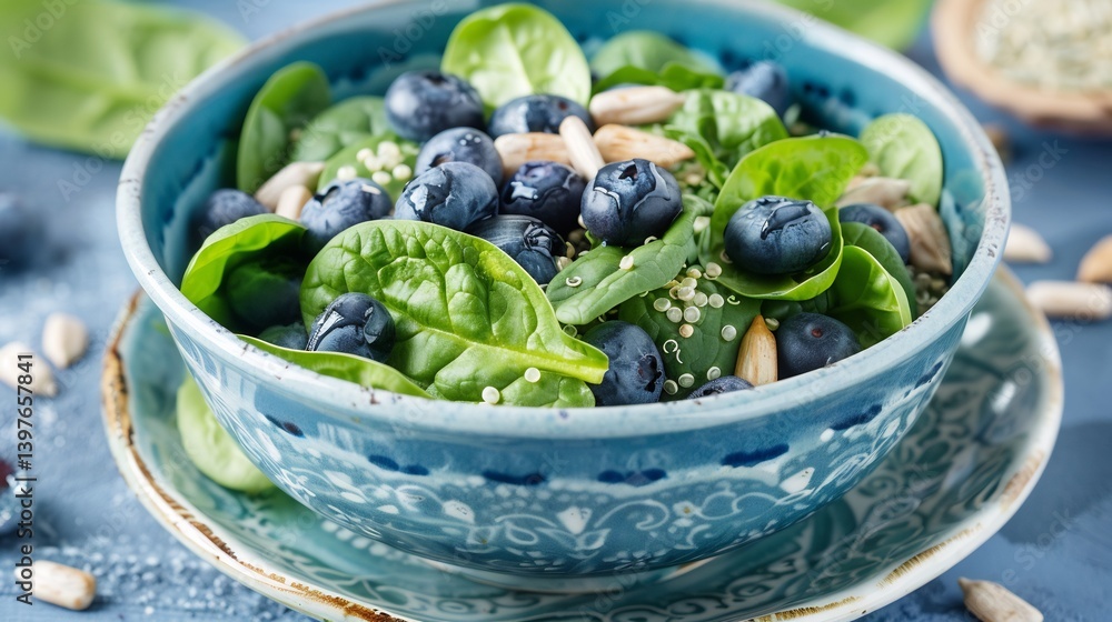 Energy boosting spinach blueberry salad with quinoa sunflower seeds and a honey lime dressing presented elegantly Energy boosting spinach blueberry salad with quinoa sunflower seeds and a honey lime dressing presented elegantly