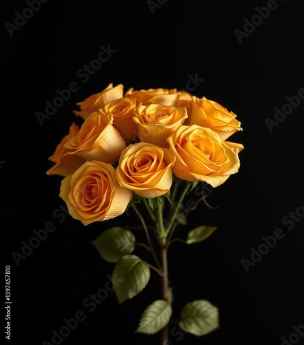 Luxurious gold rose bouquet against a dramatic black backdrop, close-up, studio shot