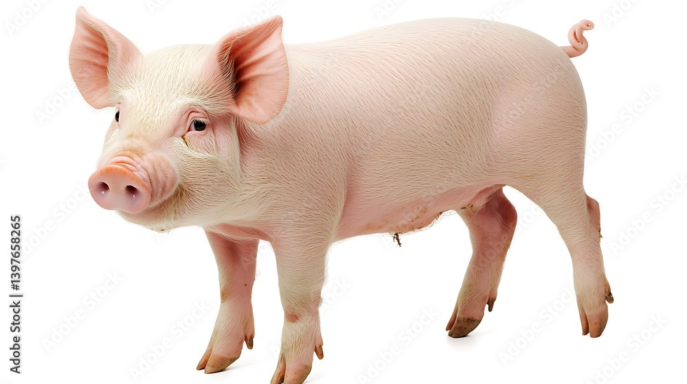 A standing pig with pink skin and distinctive curled tail A standing pig with pink skin and distinctive curled tail
