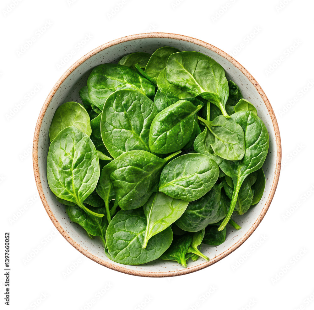 Fresh spinach leaves in bowl healthy food kitchen top view isolated on transparent background, png Fresh spinach leaves in bowl healthy food kitchen top view isolated on transparent background, png
