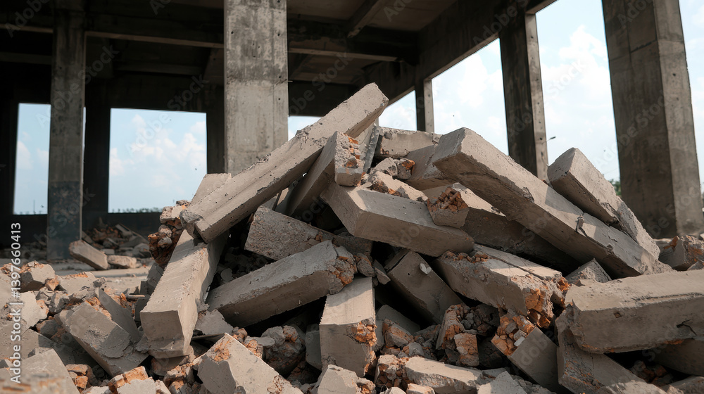 A pile of concrete debris inside an unfinished building, showcasing the remnants of construction work and the passage of time. A pile of concrete debris inside an unfinished building, showcasing the remnants of construction work and the passage of time.