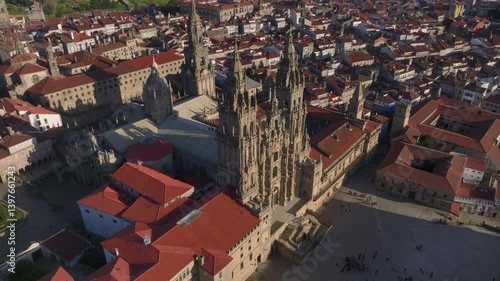 Aerial view of famous Cathedral of Santiago de Compostela. Travel destination of Camino de Santiago in Galicia, Spain.