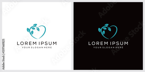 love heart and leaf nature logo design vector