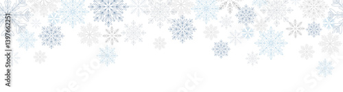 Abstract Christmas background with blue and silver snowflake borders and copy space for text. Winter snow. Falling snowflakes. Modern design for Overlay, banner, cover. Vector illustration on white.