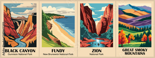 A collection of posters featuring various national parks and mountain ranges. The postcards are arranged in a grid and include Zion, Black Canyon, Fundy, great Smoky Mountains