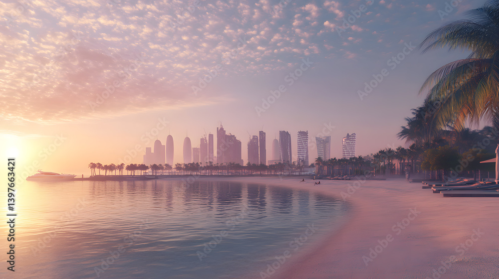 Obraz premium Sunset Beach with City Skyline