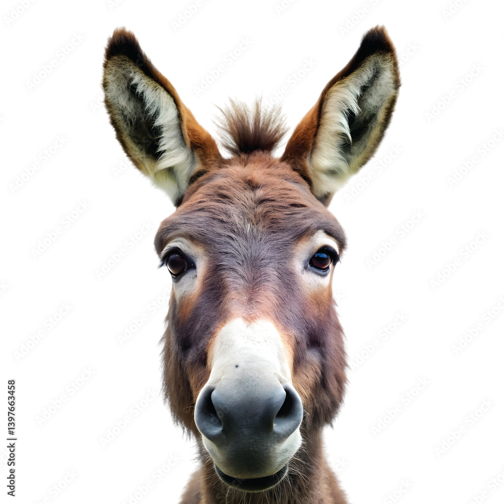 Close-Up of Donkey Face with White Muzzle and Long Ears, PNG file for mock-up. Close-Up of Donkey Face with White Muzzle and Long Ears, PNG file for mock-up.