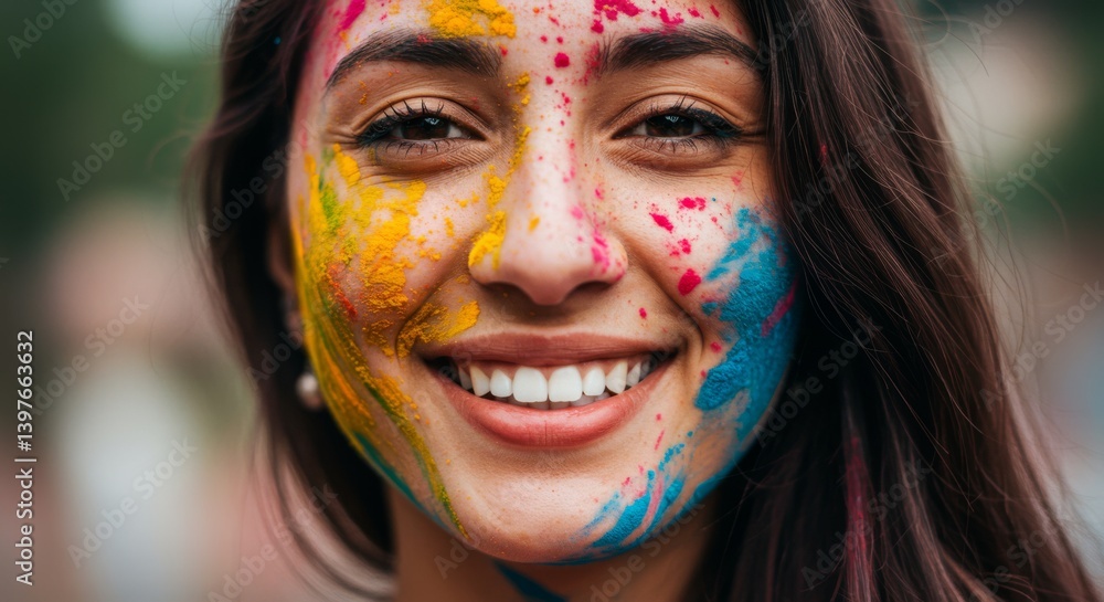 Smiling woman with colorful paint splashes on face, joyful portrait symbolizing celebration, creativity, freedom of expression and positive festival energy Smiling woman with colorful paint splashes on face, joyful portrait symbolizing celebration, creativity, freedom of expression and positive festival energy
