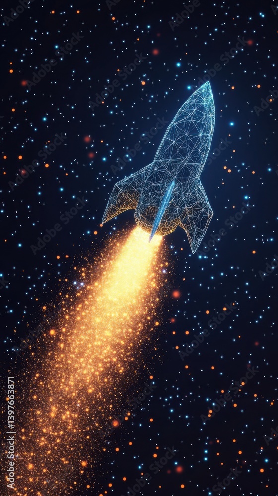 Rocket launches into the starry sky, leaving a trail of bright sparks, showcasing a futuristic design in a cosmic setting Rocket launches into the starry sky, leaving a trail of bright sparks, showcasing a futuristic design in a cosmic setting
