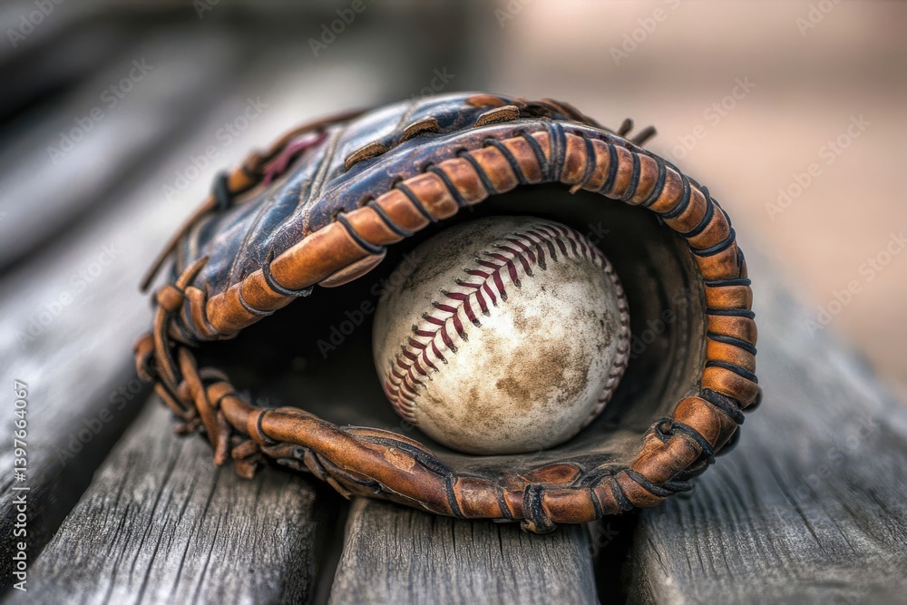 A close up of a baseball placed inside a worn leather glove on a wooden bench A close up of a baseball placed inside a worn leather glove on a wooden bench