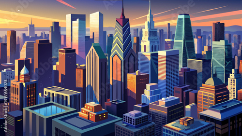 Aerial panorama of New York City skyscrapers at dusk as seen from above the 29th street, close to Hudson Yards and Chelsea neighborhood