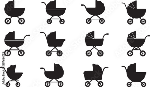Baby stroller vector icons. Simple illustration set of baby stroller elements, editable icons, can be used in logo, UI and web design