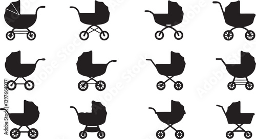 Baby stroller vector icons. Simple illustration set of baby stroller elements, editable icons, can be used in logo, UI and web design