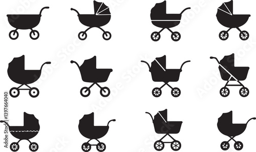 Baby stroller vector icons. Simple illustration set of baby stroller elements, editable icons, can be used in logo, UI and web design