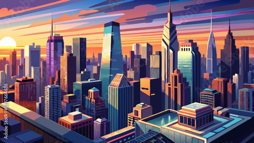 Aerial panorama of New York City skyscrapers at dusk as seen from above the 29th street, close to Hudson Yards and Chelsea neighborhood