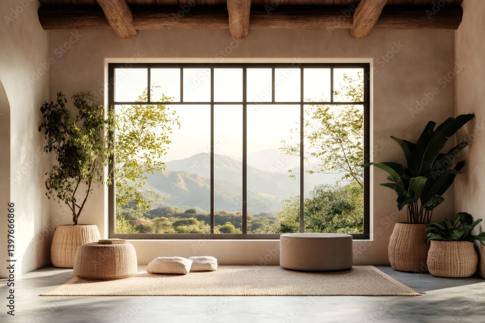 Fototapeta premium Empty yoga room with plants, cushions and mountain view