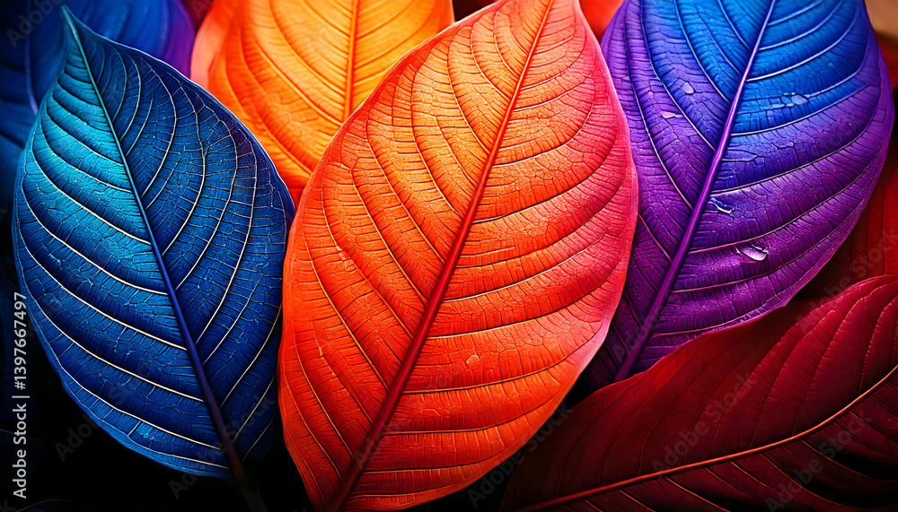 Close-up view of vibrant, multi-colored leaves creating an abstract and artistic design. Ideal for representing nature, plant life, and vibrant color palettes. Perfect for creative projects involving Close-up view of vibrant, multi-colored leaves creating an abstract and artistic design. Ideal for representing nature, plant life, and vibrant color palettes. Perfect for creative projects involving
