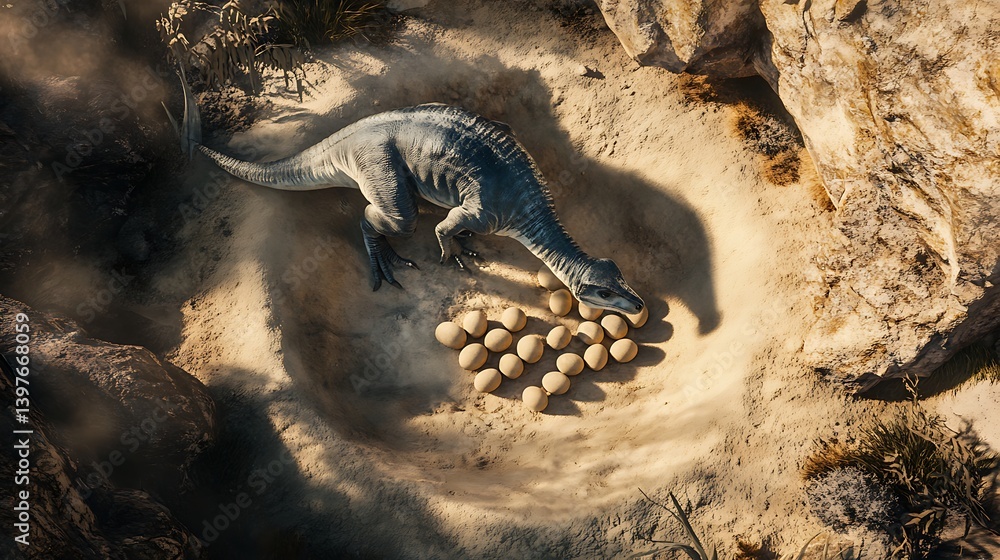 Fototapeta premium A scenic view of a dinosaur guarding its nest filled with eggs on a rocky terrain, showcasing natural elements and the protective instinct of the creature