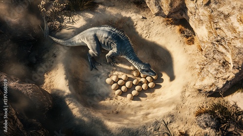 Fototapeta Naklejka Na Ścianę i Meble -  A scenic view of a dinosaur guarding its nest filled with eggs on a rocky terrain, showcasing natural elements and the protective instinct of the creature