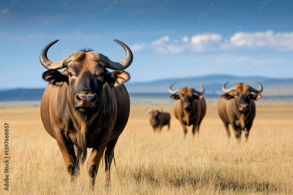 African buffalo standing in savanna with herd in background African buffalo standing in savanna with herd in background