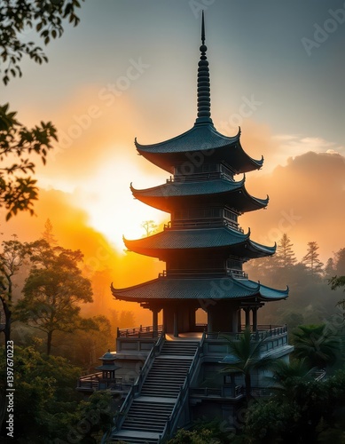 Wallpaper Mural Misty dawn bathes ancient pagoda in soft light, serene forest surrounds, mountains, asia Torontodigital.ca