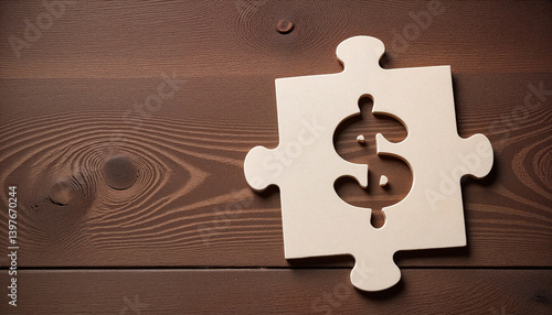 Puzzle with a missing central piece in the shape of a dollar symbol set on a textured wooden table with warm soft light, concept of incomplete economy