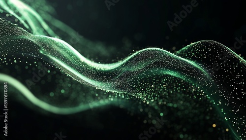 Abstract swirling particles in emerald green and gold.  Intricate, flowing lines of luminous particles against a dark background.  Detailed, subtle, digital effect