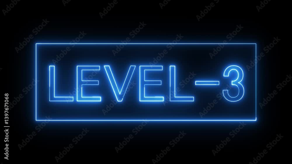 Glowing neon blue color LEVEL- 3 text animation icon sign symbol on black background Glowing neon blue color LEVEL- 3 text animation icon sign symbol on black background