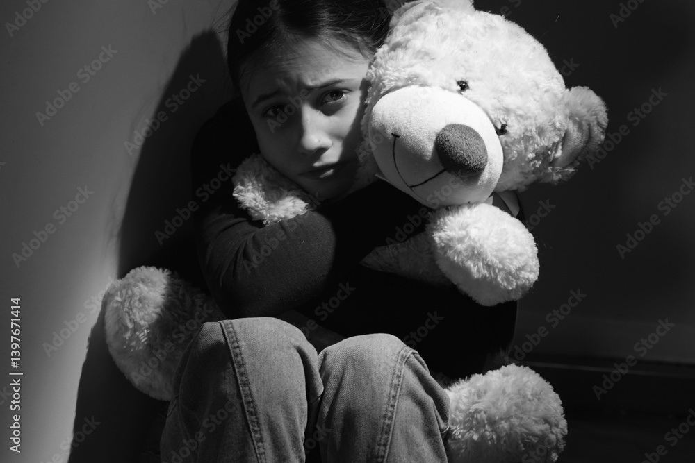 Conceptual image: Emotional and behavioral problems of adolescents. Lonely and sad teenage girl hugging her only friend, a Teddy bear toy. Black and white portrait.