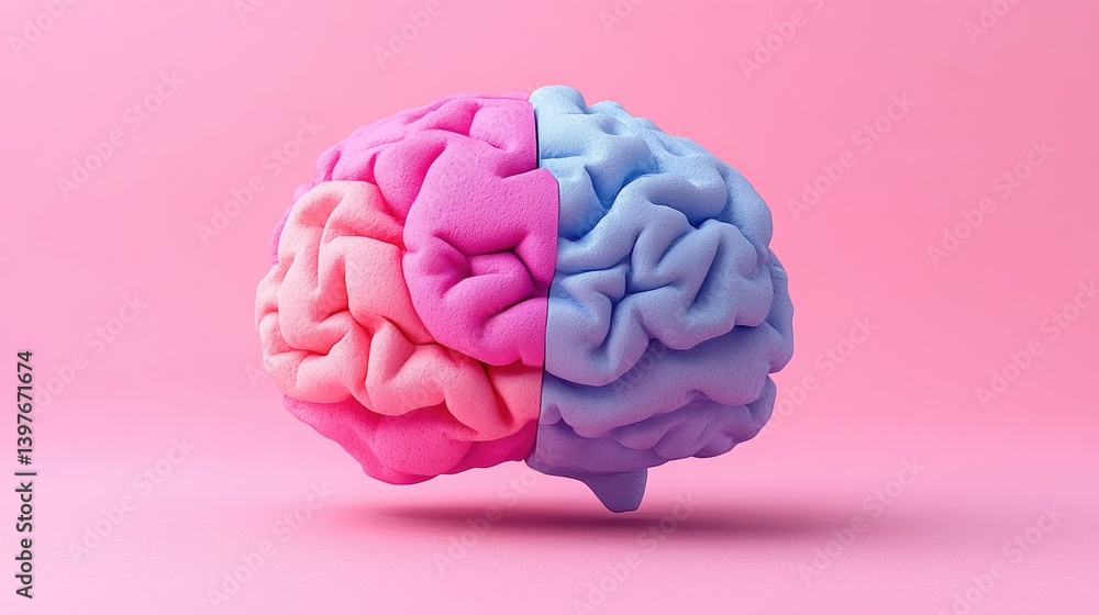 A brain model displayed on a pink surface with a pink and blue color scheme A brain model displayed on a pink surface with a pink and blue color scheme