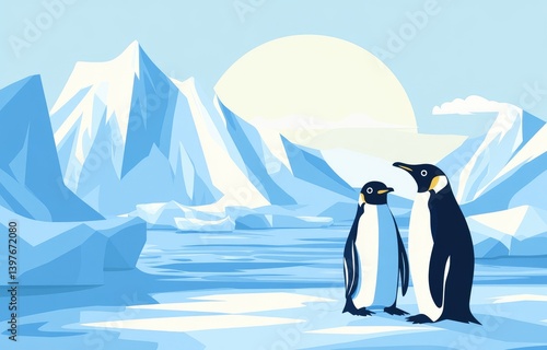 Arctic ice landscape with penguins, flat design, simple shapes, vector art, simple background,